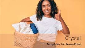  Presentation with african woman - Cool new PPT theme with young-african-american-woman-holding backdrop and a coral colored foreground