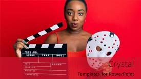  Presentation with camera film - Presentation design featuring young-african-american-woman-holding background and a crimson colored foreground