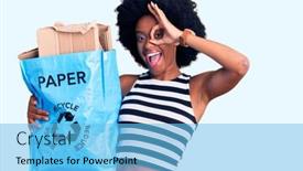  Presentation with recycling paper - Cool new PPT layouts with young-african-american-woman-holding backdrop and a light blue colored foreground