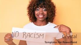  Presentation with proud american - Colorful presentation design enhanced with young-african-american-woman-holding backdrop and a coral colored foreground