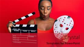  Presentation with clapboard - Slide deck enhanced with young-african-american-woman-holding background and a crimson colored foreground