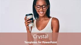  Presentation with takeaway coffee - PPT theme enhanced with young-african-american-woman-holding background and a coral colored foreground