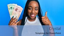  Presentation with south korean - PPT theme having young-african-american-woman-holding background and a light blue colored foreground