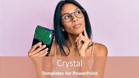  Presentation with hard disk - Cool new PPT theme with young-african-american-woman-holding backdrop and a coral colored foreground