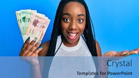  Presentation with south korean - Amazing PPT theme having young-african-american-woman-holding backdrop and a light blue colored foreground