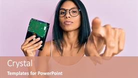  Presentation with hard disk - Theme featuring young-african-american-woman-holding background and a coral colored foreground