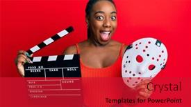  Presentation with clapboard - Colorful presentation theme enhanced with young-african-american-woman-holding backdrop and a red colored foreground