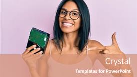  Presentation with hard disk - Amazing presentation theme having young-african-american-woman-holding backdrop and a coral colored foreground