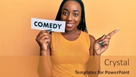  Presentation with comedy - PPT theme with young-african-american-woman-holding background and a gold colored foreground