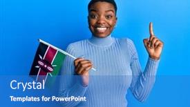  Presentation with african american woman question - Colorful presentation theme enhanced with young-african-american-woman-holding backdrop and a teal colored foreground