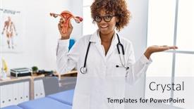  Presentation with achievement - PPT theme enhanced with young-african-american-woman-holding background and a lemonade colored foreground