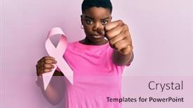 Presentation with pink ribbon - Slide set having young-african-american-woman-holding background and a  colored foreground