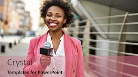  Presentation with news reporter - Presentation theme consisting of young-african-american-woman-journalist background and a coral colored foreground
