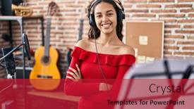  Presentation with african music - PPT theme with young-african-american-woman-musician background and a crimson colored foreground