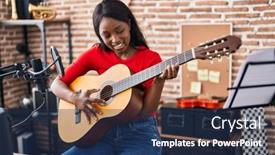  Presentation with music spanish - Slide deck having young-african-american-woman-musician background and a navy blue colored foreground