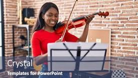  Presentation with american music - PPT theme with young-african-american-woman-musician background and a ocean colored foreground