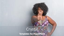  Presentation with sing - Slide deck enhanced with young african american woman over grey grunge wall wearing colorful dress doing stop sing with palm of the hand warning expression with negative and serious gesture on the face background and a gray colored foreground