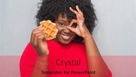  Presentation with belgium - Audience pleasing slides consisting of young african american woman over grey grunge wall eating belgium waffle with happy face smiling doing ok sign with hand on eye looking through fingers backdrop and a red colored foreground