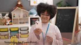  Presentation with cookie - PPT theme enhanced with young-african-american-woman-preschool background and a coral colored foreground