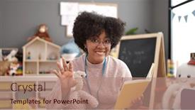  Presentation with story book - Presentation theme with young-african-american-woman-preschool background and a coral colored foreground