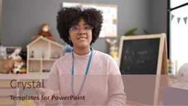  Presentation with speaking - Presentation design featuring young-african-american-woman-preschool background and a coral colored foreground