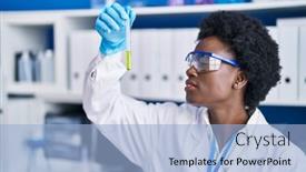  Presentation with scientist - Presentation design having young-african-american-woman-scientist background and a  colored foreground