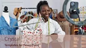  Presentation with online selling - Presentation design consisting of young-african-american-woman-shopkeeper background and a coral colored foreground