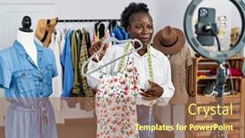  Presentation with online selling - Presentation consisting of young-african-american-woman-shopkeeper background and a coral colored foreground