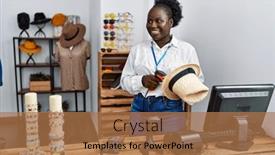  Presentation with barcode - Presentation design enhanced with young-african-american-woman-shopkeeper background and a coral colored foreground