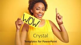 Presentation with wow - Presentation consisting of young african american woman showing wow banner board over yellow isolated background surprised with an idea or question pointing finger with happy face number one background and a gold colored foreground