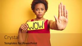  Presentation with wow - PPT theme enhanced with young african american woman showing wow banner board over yellow isolated background with open hand doing stop sign with serious and confident expression defense gesture background and a gold colored foreground