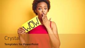  Presentation with wow - Slide set featuring young african american woman showing wow banner board over yellow isolated background cover mouth with hand shocked with shame for mistake expression of fear scared in silence secret concept background and a gold colored foreground