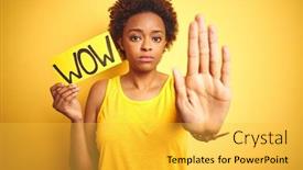  Presentation with wow - Slide set enhanced with young african american woman showing wow banner board over yellow isolated background with open hand doing stop sign with serious and confident expression defense gesture background and a yellow colored foreground