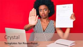  Presentation with exam - Amazing slide set having young-african-american-woman-showing backdrop and a coral colored foreground
