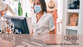  Presentation with retail - PPT theme having young-african-american-woman-smiling background and a coral colored foreground