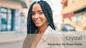  Presentation with african woman - Amazing PPT theme having young-african-american-woman-smiling backdrop and a coral colored foreground