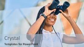  Presentation with new opportunity - Beautiful PPT theme featuring young-african-american-woman-smiling backdrop and a light blue colored foreground