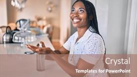  Presentation with hand sanitizer - Slides having young-african-american-woman-smiling background and a coral colored foreground