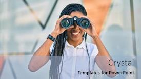  Presentation with new opportunity - Audience pleasing slide set consisting of young-african-american-woman-smiling backdrop and a light blue colored foreground