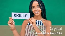  Presentation with skills - Beautiful presentation theme featuring young-african-american-woman-smiling backdrop and a coral colored foreground