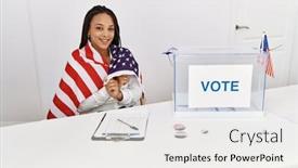  Presentation with united states flag - Slides with young-african-american-woman-smiling background and a white colored foreground