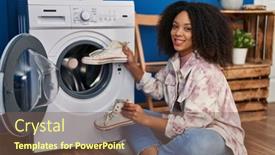  Presentation with sneakers - Slides with young-african-american-woman-smiling background and a violet colored foreground