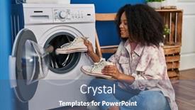  Presentation with sneakers - PPT theme with young-african-american-woman-smiling background and a ocean colored foreground