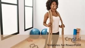  Presentation with battle - Presentation theme consisting of young-african-american-woman-smiling background and a  colored foreground