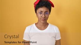  Presentation with upset - PPT layouts having young-african-american-woman-standing background and a  colored foreground