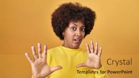  Presentation with panic - PPT layouts enhanced with young-african-american-woman-standing background and a yellow colored foreground