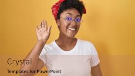  Presentation with saying - Presentation theme enhanced with young-african-american-woman-standing background and a coral colored foreground