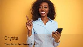  Presentation with african american woman question - Presentation theme enhanced with young african american woman using smartphone standing over isolated yellow background surprised with an idea or question pointing finger with happy face number one background and a gold colored foreground