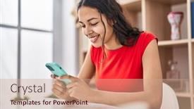  Presentation with smartphone - PPT theme having young-african-american-woman-using and a Cornflower Blue colored foreground