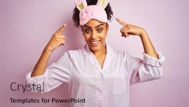  Presentation with thought - Audience pleasing PPT theme consisting of young african american woman wearing pajama and mask over isolated pink background smiling pointing to head with both hands finger great idea or thought good memory backdrop and a coral colored foreground
